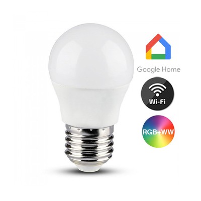 Billede af V-Tac 5W Smart Home krone LED pære - Tuya/Smart Life, virker med Google Home, Alexa og smartphones, E27, G45 - Dæmpbar : Via Smart Home, Kulør : RGB + CCT (Varm til Kold Hvid) hos LEDProff DK