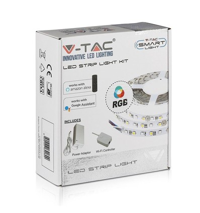 V-Tac 10W/m RGB LED strip komplet kit - 5m, 60 LED pr. meter, Smart Home /u fjernbetjening