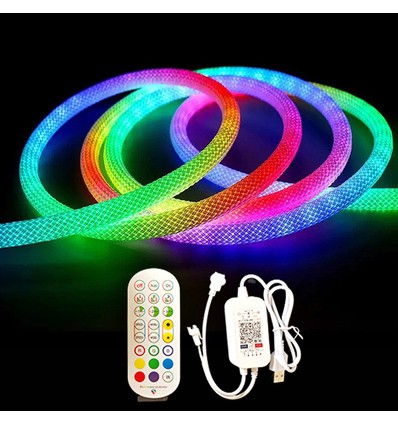 5m RGBIC Neon flex slange, komplet sæt - Vævet reb, Bluetooth App, fjernbetjening, USB
