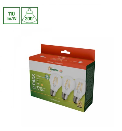 3 stk. E27 7W LED pære - GLS, filament, 770lm, varm hvid, 3-pak