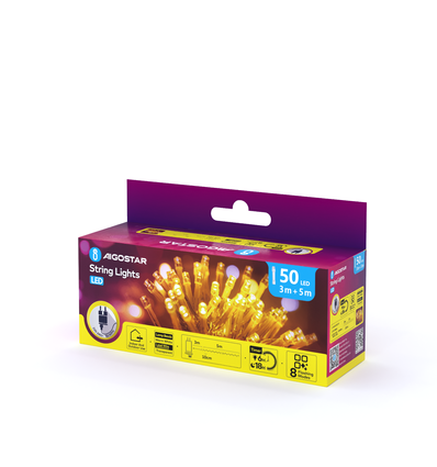 5m LED varm hvid lyskæde - 50 LED, timer, 8 lysspil, IP44, transparent ledning