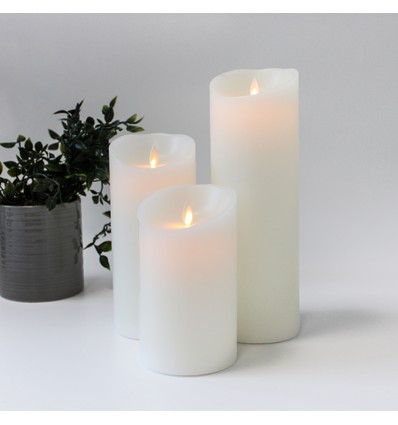LED Bloklys XL, 3 stk, Ø10cm, 17,5/22,5/30cm høj, bevægelig flamme, hvid - Inkl. fjernbetjening og timer, , ægte stearin