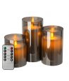 LED Bloklys sæt i røgfarvet glas Ø7,5cm, 3 stk, vippende flamme - Inkl. fjernbetjening og timer, 10/12,5/15cm høj, ægte stearin