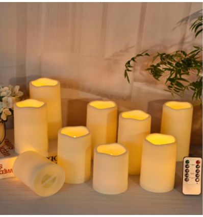 9-pak LED Udendørs bloklys, inkl. fjernbetjening, Ø5,5cm - Højde: 13/15/17,5cm, Batteri, timerfunktion, trådløs, tåler vand
