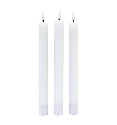 3-pak hvide LED stearinlys, flammeeffekt - Ø2,2cm, Højde: 24,5cm, stagelys, inkl. fjernb., timer, batteri