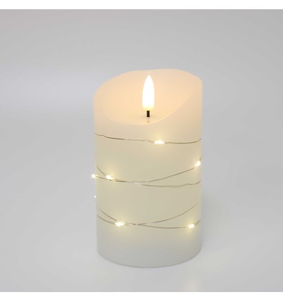 LED Bloklys med lyskæde, 12,5cm høj, flammeeffekt - Ø7,5cm, 12,5cm høj, virker m. fjernbetj, ægte stearin