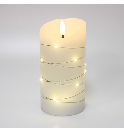 LED Bloklys med lyskæde, 15cm høj, flammeeffekt - Ø7,5cm, 15cm høj, virker m. fjernbetj, ægte stearin