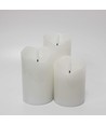 Sæt med 3 stk. LED Bloklys 10cm høj, flammeeffekt, hvid - Ø7,5cm, 10/12,5/15cm høj, virker m. fjernbetj, timer, ægte stearin