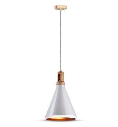 E27 pendel i hvid med trætop - Max 60W, jern, uden lyskilde