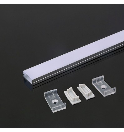 2m Alu profil til LED strips, overflademontering - Sølv, opal cover, indvendig bredde 21,5 mm, IP20