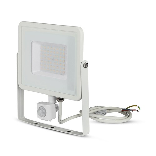 50W LED projektør med sensor - IP65, 4000lm, varm hvid, PIR bevægelsessensor, hvid kant