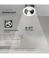 35W Ø16cm LED hotel downlight, RA95 - 2300lm, 0-27° justerbar spredning, sølv reflektor, Hul: Ø15cm