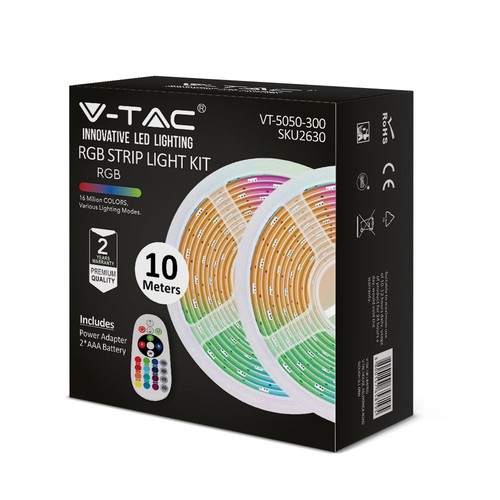 300 LED Stribelys Sæt 4.8W/m - (EU stik), IP20, 2x5m Rulle, RGB