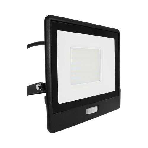 PIR sensor projektør 50W - Samsung chip, 1m kabel, 6500K, sort hus