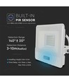 V-TAC projektør 20W PIR sensor Samsung chip, 1m kabel, 3000K, hvid hus