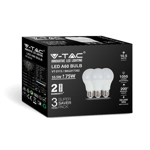 3 stk. E27 10,5W LED pære - A60, mat glas, 4000K, 1055lm, 3-pak