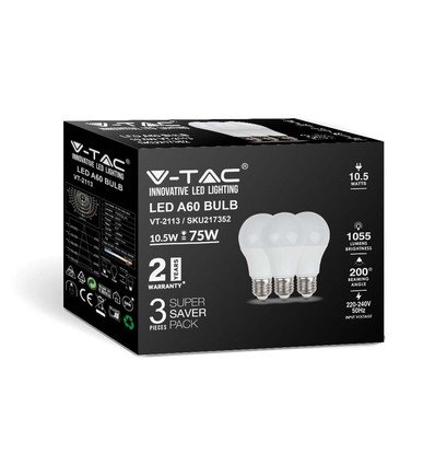 3 stk. E27 10,5W LED pære - A60, mat glas, 3000K, 1055lm, 3-pak