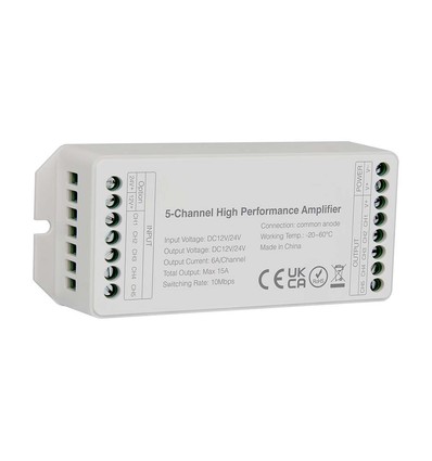 5-kanals LED forstærker til 12V/24V - 15A, hvid, til RGB+W / RGB / enkeltfarvet LED strips