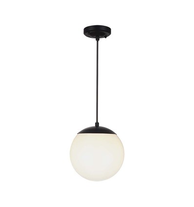 Ø20cm pendel loftlampe, mat sort - IP44, E27 fatning, opal hvid kugle, aluminium og plast, uden lyskilde
