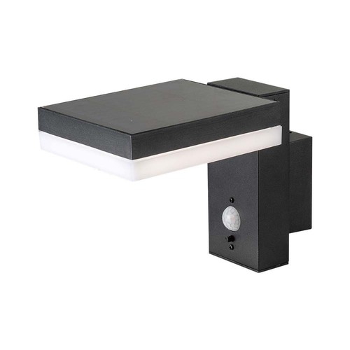 5,5W Solara væglampe med sensor - Solcelle, PIR sensor, IP54, 3000K, sort, rektangulær