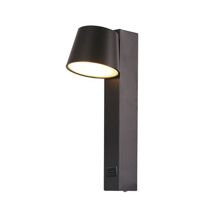 8W LED væglampe med USB - 3000K, 900lm, IP20, sort, drejbar, indendørs, inkl. lyskilde