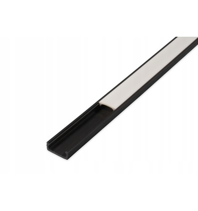 PVC profil 16x7 til LED strip - 1 meter, sort, inkl. mælkehvidt cover