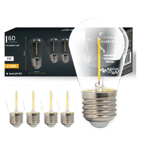 5 stk E27 1W LED pære - ST14, COB filament