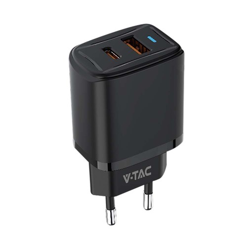 20W USB rejseadapter med PD og QC - Sort, hurtiglader, 1x USB-A og 1x USB-C PD