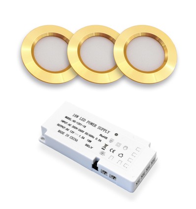 3 stk. Reco68 møbelspot - Guld, inkl. strømforsyning