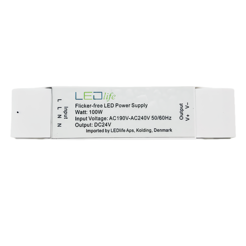 100W 24V strømforsyning - Flicker free, 24V DC, 4,16A, IP20 indendørs