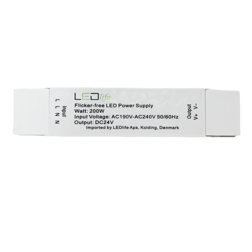 200W 24V strømforsyning - Flicker free, 24V DC, 12,5A, IP20 indendørs