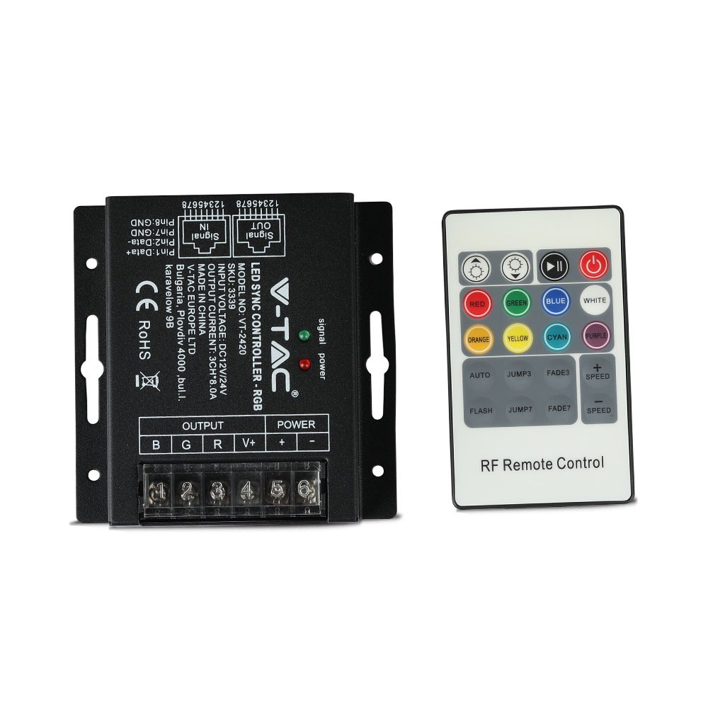 Rgb Led Controller Med 20-knaps Rf Fjernbetjening - 12v24v, 3 Kanaler, Ip20, Til Rgb Strips - V-tac