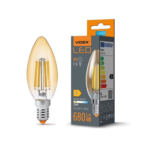 C35 LED-pære 6W E14 - kultråd, ravfarvet, ekstra varm hvid, 230V, 680 lm, forbrug 6W