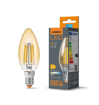C35 LED-pære 6W E14 - kultråd, ravfarvet, ekstra varm hvid, 230V, 680 lm, forbrug 6W