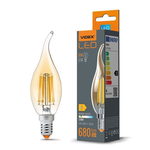 C35 LED-pære 6W E14 - kultråd, flamme, ravfarvet, ekstra varm hvid, 230V, 680 lm