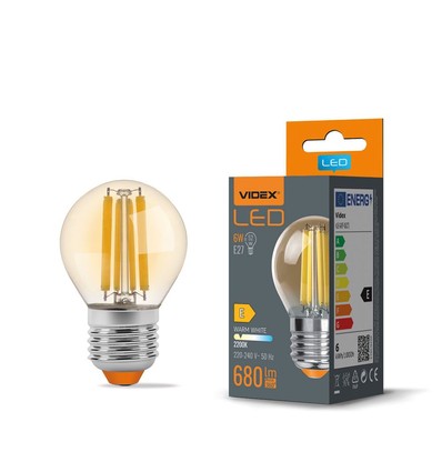 E27 6W LED filament kronepære - G45, 2200K, Amber glas, 360 grader, 750lm