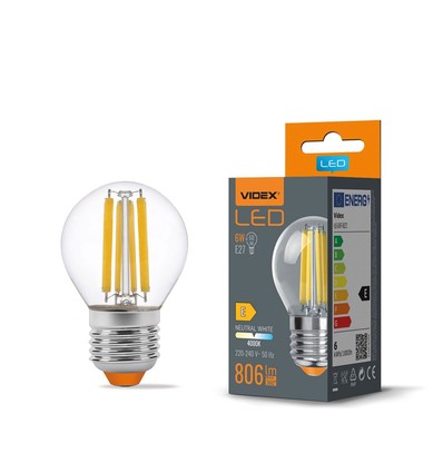 E27 6W LED filament kronepære - G45, 800lm, 4000K, flicker free