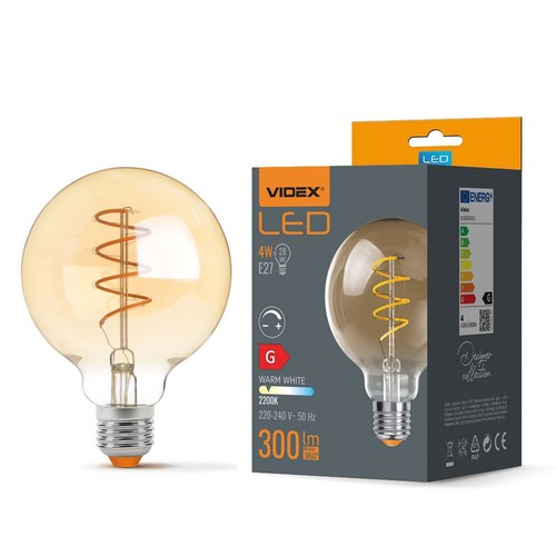 G95 LED-pære 4W E27 - kultråddæmpbar spiral, ravfarvet, ekstra varm hvid, 230V, 300lm, forbrug 4W