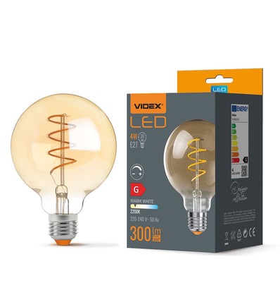 G95 LED-pære 4W E27 - kultråddæmpbar spiral, ravfarvet, ekstra varm hvid, 230V, 300lm, forbrug 4W