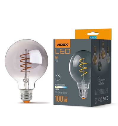 G95 LED-pære 4W E27 - kultråd, dæmpbar, spiral, gråtonet / askfarvet, ekstra varm hvid, 230V, lysstyrke 100, forbrug 4