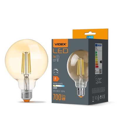 E27 7W dæmpbar LED pære - G95, Amber glas, Filament, 2200K, Erstat 53W
