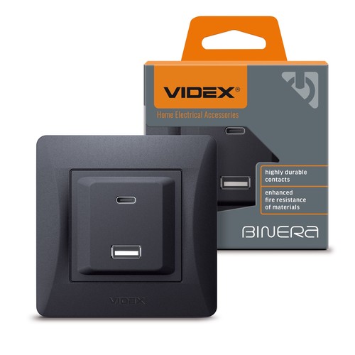 Vægudtag til europadåse - USB-A + USB-C PD20W sort