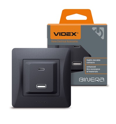 USB-A + Type-C stikkontakt 20W hurtiglader - Sort grafit, 2.4A, IP20 indendørs