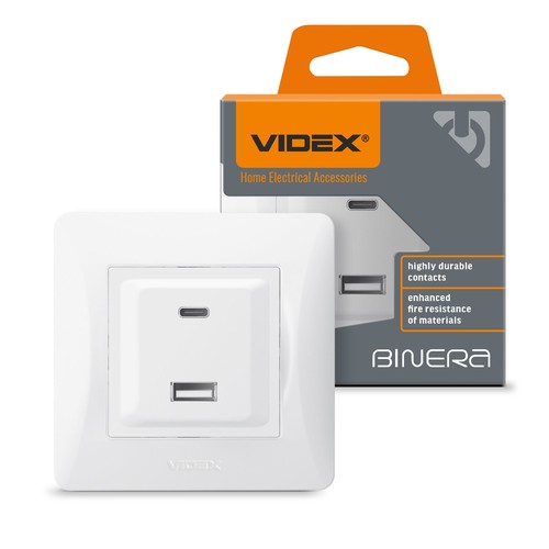 Vægudtag til europadåse - USB-A + USB-C PD20W, hvid