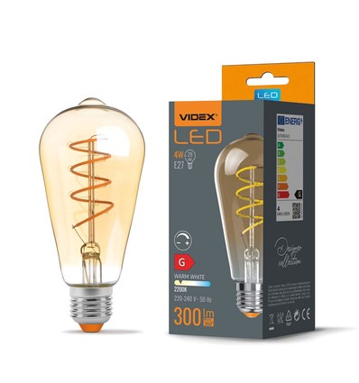 E27 4W dæmpbar LED pære - ST64, spiral filament, amber glas, varm hvid, flicker free