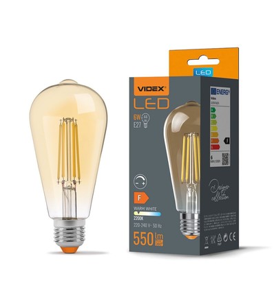 St64 LED-bulb 6W E27 - kultråd, dæmpbar, ravfarvet, ekstra varm hvid, 230V, 550lm, forbrug 6W