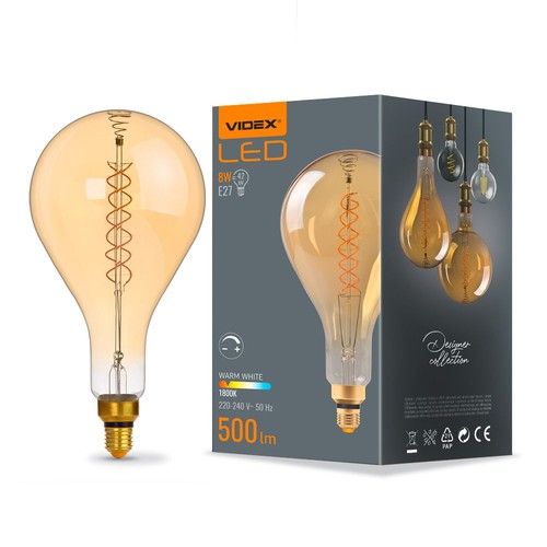 Ps160 LED-pære 8W E27 - kultråd, dæmpbar, spiral, ravfarvet, ekstra varm hvid, 230V, 500lm