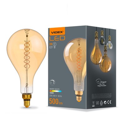 Ps160 LED-pære 8W E27 - kultråd, dæmpbar, spiral, ravfarvet, ekstra varm hvid, 230V, 500lm