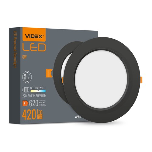 Led indbygningsspot 6W - Rund, sort, neutral hvid, 230V, 620lm, forbrug 6W