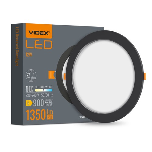 Led indbygningsspot 12W - rund, sort, neutral hvid, 230V, 1350lm
